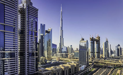 Dubai skyline with Burj Khalifa at sunset